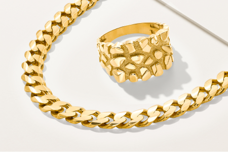 Men's gold textur nugget ring and yellow gold chain