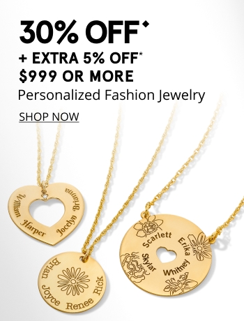 30% off personalized jewelry and extra 5% off orders $999 or more