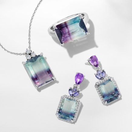 Image of fluorite necklace, ring, and earrings