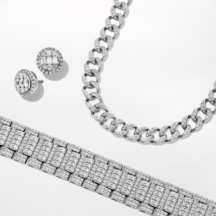 Image of lab-grown diamond bracelet, earrings, and chain